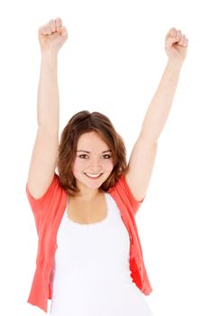 Cheering young woman. All on white background.