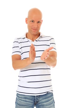 Attractive man clapping hands. All on white background.