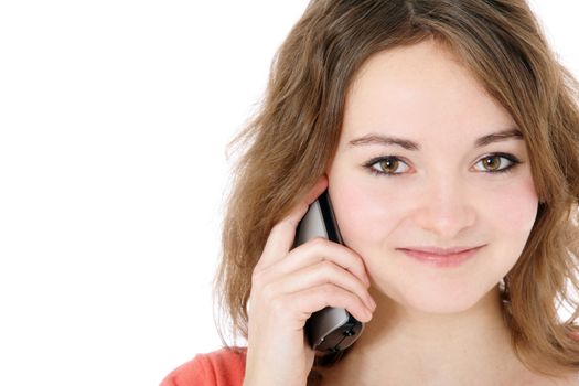 Attractive young woman making a phone call. All on white background. 
Extra copy space on the left.