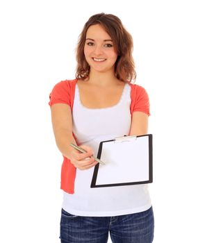 Attractive young woman doing a survey. All on white background.