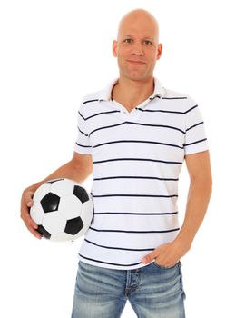 Attractive man holding soccer ball. All isolated on white background.