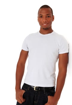 Attractive black man leaning to wall. All on white background.