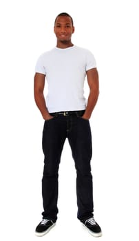 Full length shot of an attractive black man. All on white background.