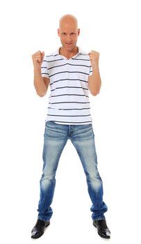 Full length shot of an attractive middle age man jubilating. All on white background.