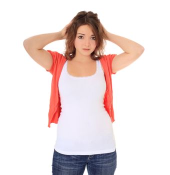 Surprised young woman. All on white background.