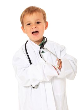 Cute caucasian boy playing doctor. All on white background.