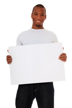 Attractive black holding blank white sign. All on white background.