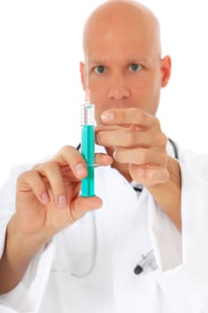 Doctor holding prepared injection. All on white background.