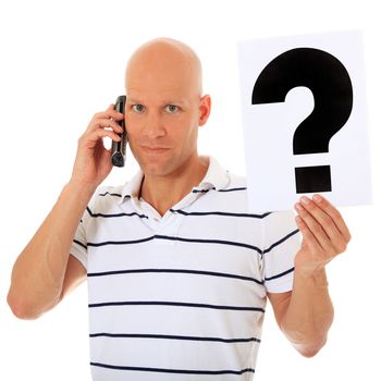 Attractive man got a question while talking to a service hotline. All on white background.