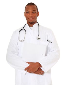 Attractive black doctor. All on white background.