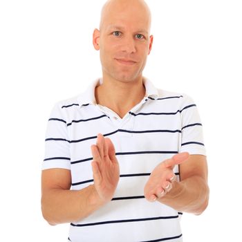 Attractive man clapping hands. All on white background.