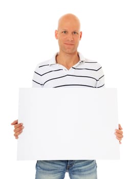 Attractive man holding blank white sign. All on white background.