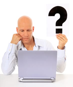 Attractive middle age man got a problem with his laptop computer. All on white background.