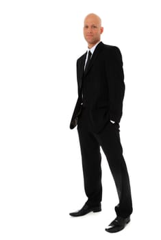 Full length shot of an attractive man wearing black suit. All on white background.