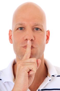 Attractive man asks for silence. All on white background.