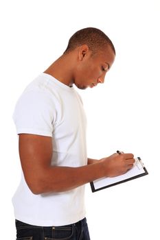 Attractive black man writing on clipboard. All on white background.