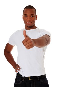 Attractive black man showing thumbs up. All on white background.