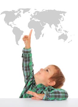Cute caucasian boy pointing at world map. All on white background.