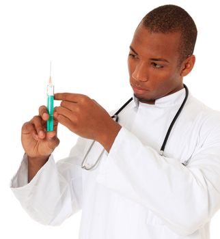 Attractive black doctor preparing injection. All on white background.