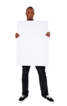 Attractive black holding blank white sign. All on white background.