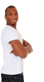 Attractive black guy. All on white background. Extra text space on the right.