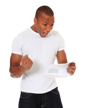 Attractive black man getting good news. All on white background.