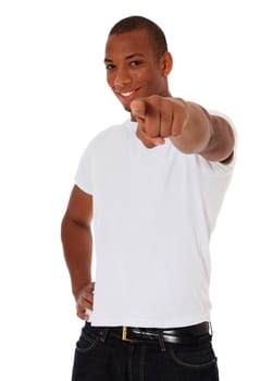 Attractive black man points with finger. All on white background.