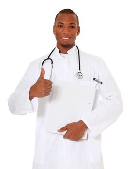 Attractive black doctor showing thumbs up. All on white background.