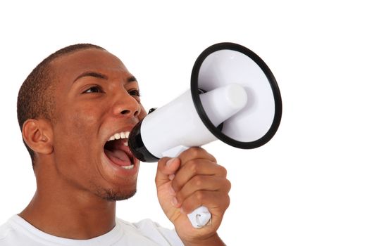 Attractive black using megaphone. All on white background.