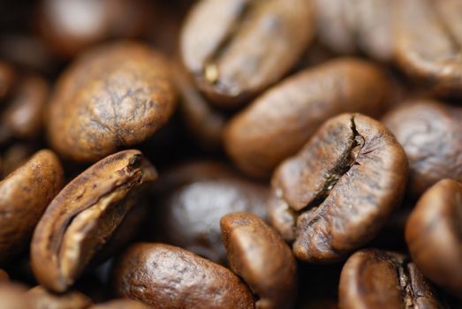 Macro image of decaffinated coffee beans.