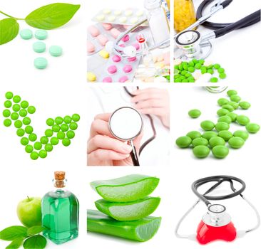 set of medical subjects: pill, stethoscope, aloe  