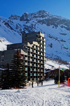 Ski resort hotel in the winter day