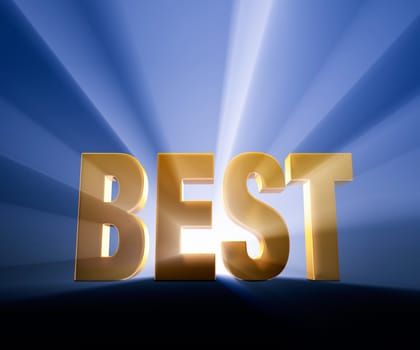 Dramatic, gold "BEST" on dark blue background and brilliantly backlight with light rays shining through.
