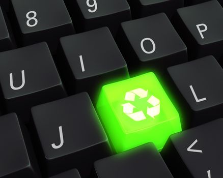 Close up photo-real illustration of a black computer keyboard with a glowing green recycle key.