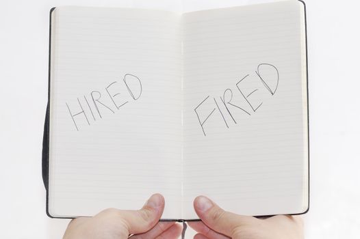 Hired/Fired choices on notepad, white background.