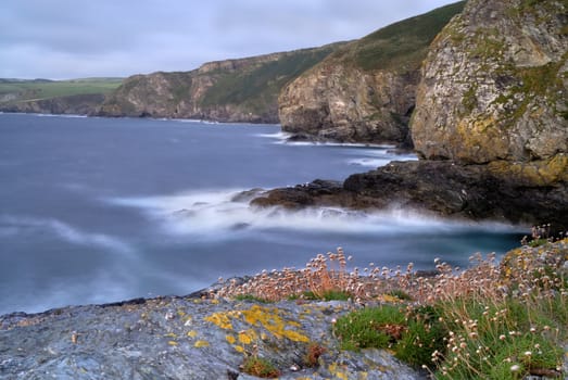 Slow shutter seascape. View from up the North Cornish Coast, UK.