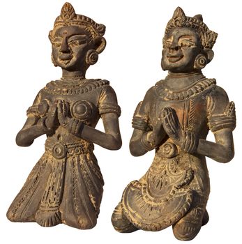 Two small sculptures of Burma (Myanmar) of man and women in prayer - Buddhism