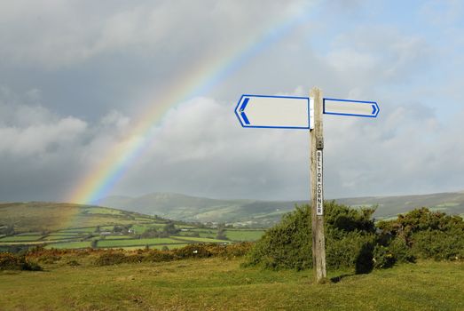 Devon landscape with blank signpost in forground.