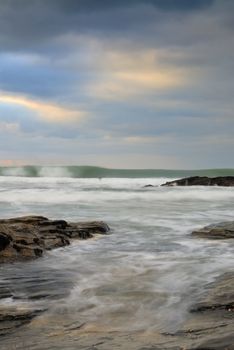 Slow shutter seascape. View from Trebarwith Strand beach, Cornwall, UK.