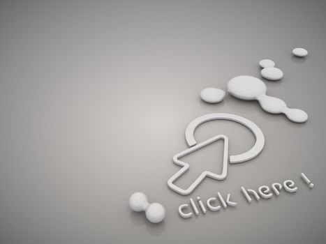 3D graphic Metallic click here symbol in a stylish grey background