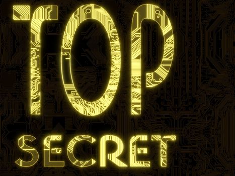 3D Graphic Yellow flare glowing top secret  symbol on a computer chip