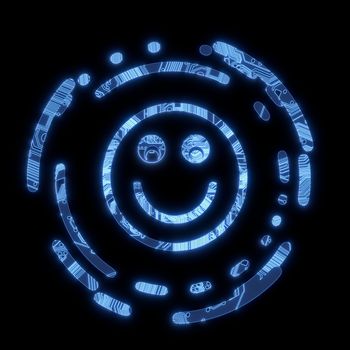 3D Graphic blue  electric smily smile symbol in a dark background on a computer chip