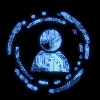   3D Graphic Steel blue electric with glowing man symbol in a dark background on a computer chip