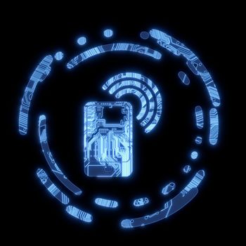  3D Graphic Steel blue  electric smart phone symbol in a dark background on a computer chip