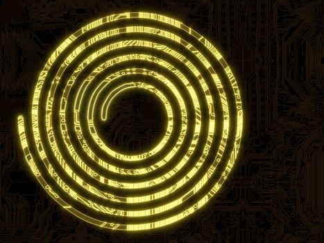 3d graphic computer chip flare with glowing helix symbol in a dark background