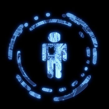 3D Graphic Steel blue  electronic man symbol in a dark background on a computer chip