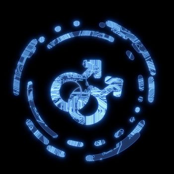 3d graphic Steel blue  electric with flare homosexual symbol in a dark background on a computer chip