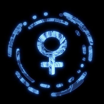 3D Graphic Steel blue electric flare woman symbol in a dark background on a computer chip