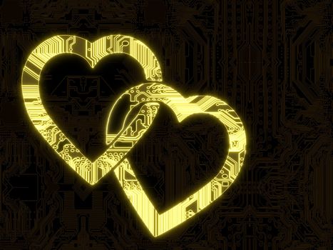 3D Graphic flare with glowing two hearts symbol in a dark background