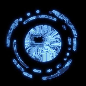 3d graphic Steel blue electric with computer circle symbol in a dark background on a computer chip